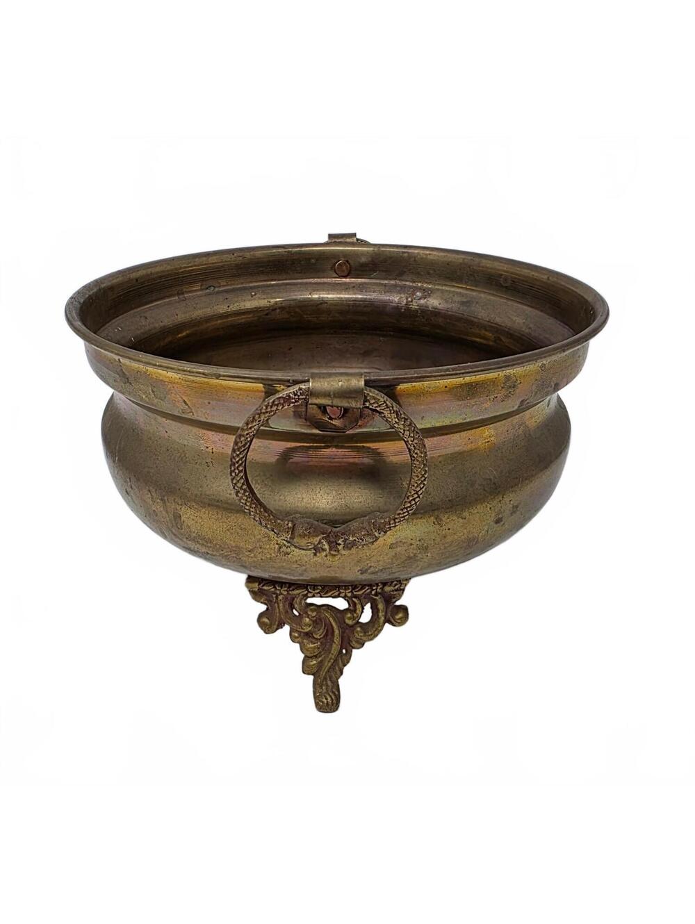 Vintage Brass Footed Planter Made in India Ring Handle Cachepot 8 Inch